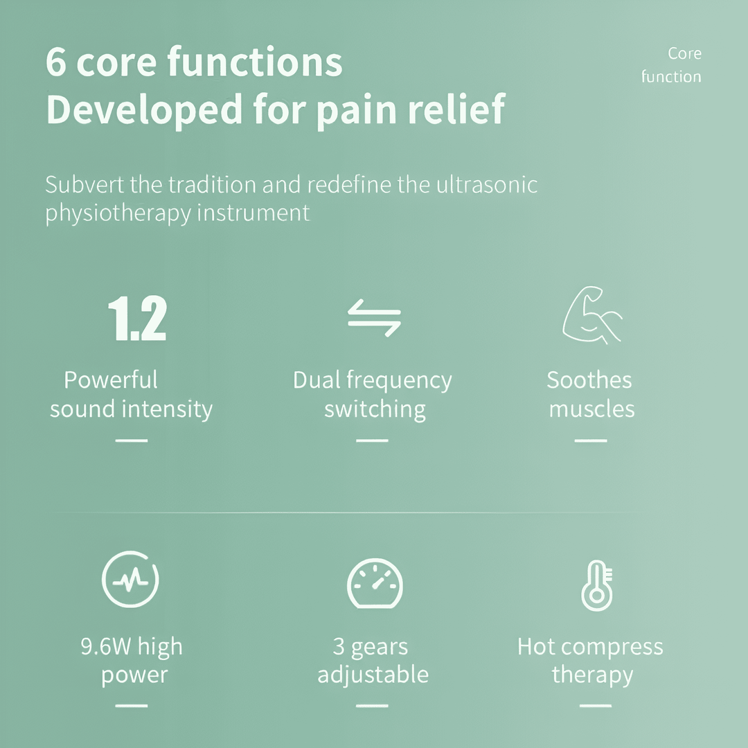 Dispositivo ultrasónico para recuperación física y salud muscular, ofrece masaje profundo y antiinflamatorio.