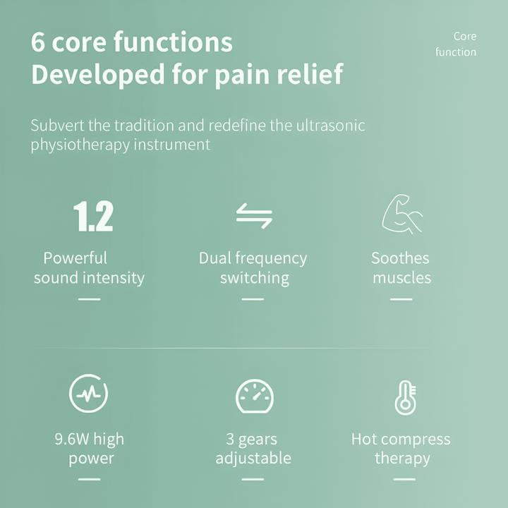 Dispositivo ultrasónico para recuperación física y salud muscular, ofrece masaje profundo y antiinflamatorio.
