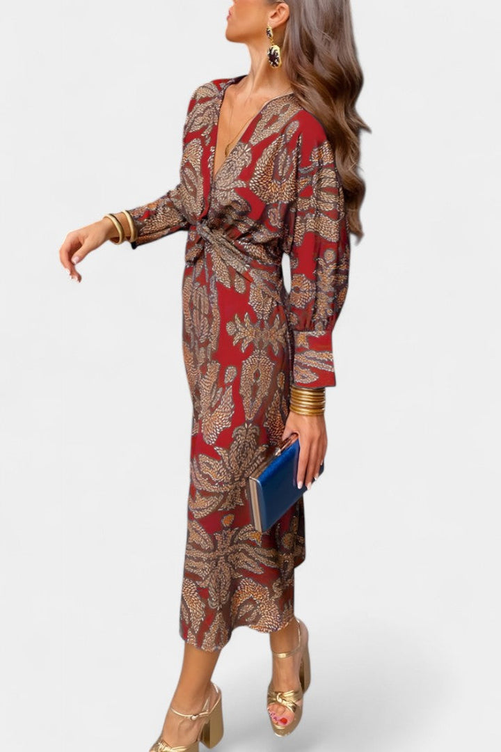 Vestido largo Elara, escote V, nudo. Ropa elegante y moderna para fiesta o celebración. Moda femenina vibrante.