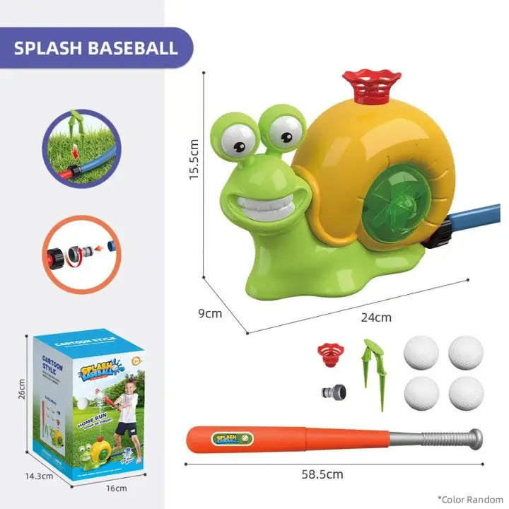 Niño jugando béisbol con rociador de agua. Diversión acuática y deportiva para actividades infantiles al aire libre.