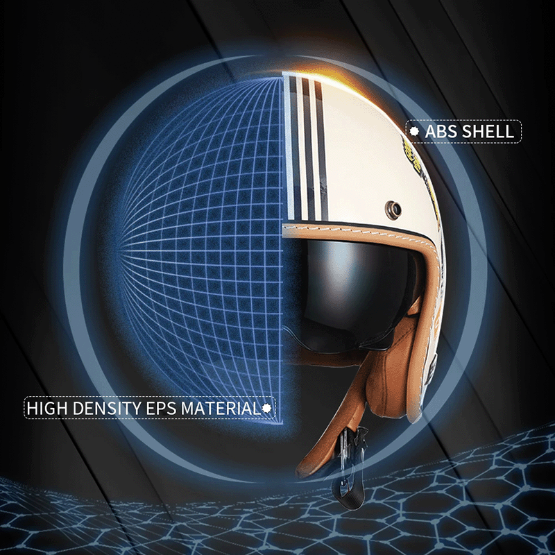 Casco de motocicleta abierto, diseño ligero, ventilado y con certificación DOT y ECE.