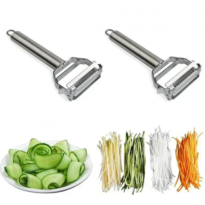 Detalle del pelador y rallador multifuncional de acero inoxidable. Prepara verduras en juliana de forma rápida.