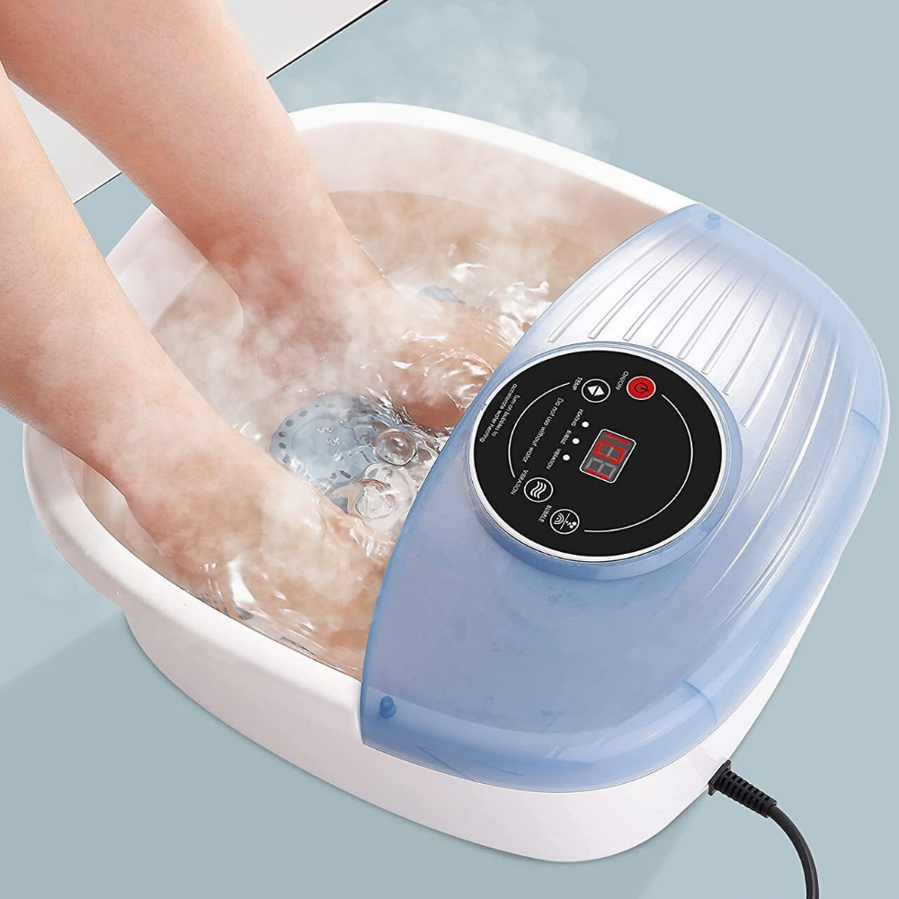 Masajeador de pies con burbujas, vibración y control de temperatura. Ideal para relajación y pedicura en casa.