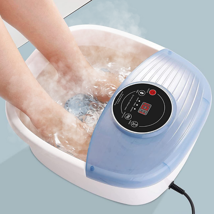 Masajeador de pies con burbujas, vibración y control de temperatura. Ideal para relajación y pedicura en casa.