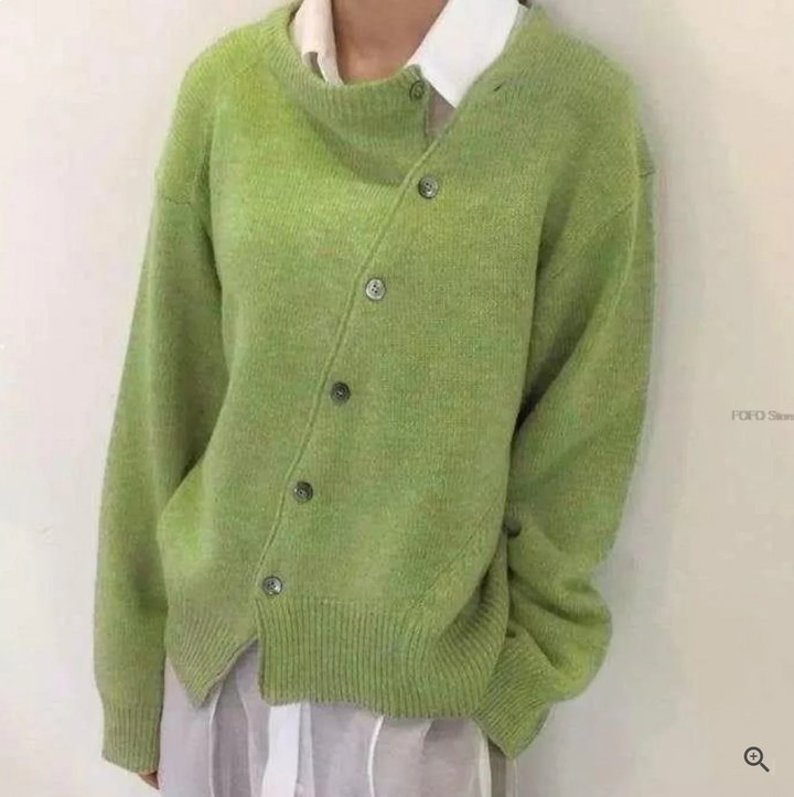 Cárdigan de cachemir asimétrico para mujer, botones únicos. Ideal para moda otoño/invierno, estilo elegante y casual.