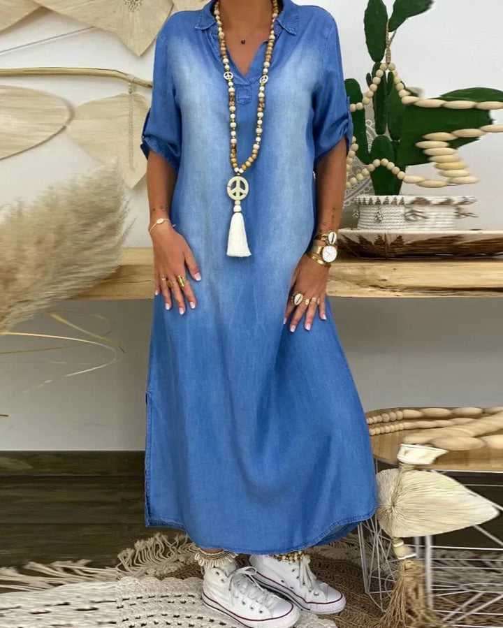 Vestido maxi de mujer, cómodo y moderno. Ideal para un look casual de verano. Moda femenina versátil y elegante.
