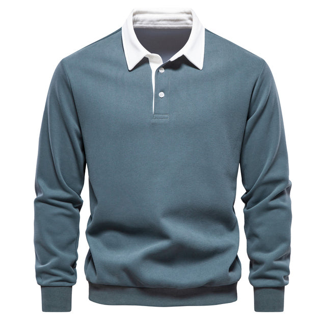 Elegante polo para hombre, manga larga, diseño moderno con cuello contraste, ideal para ropa de otoño.