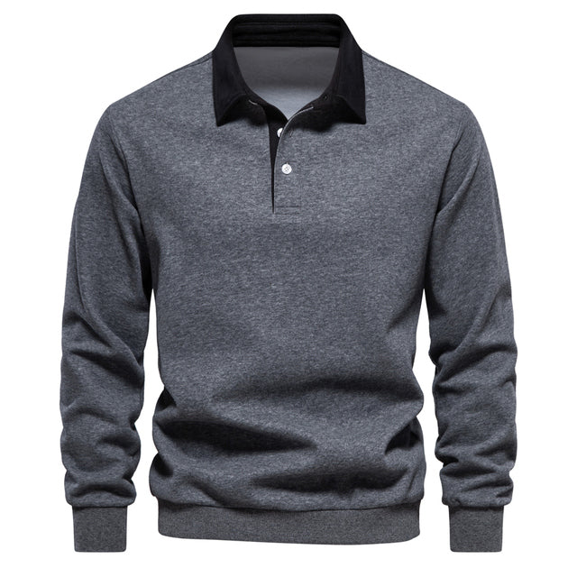 Polo casual de hombre con cuello de contraste, manga larga, un básico de moda masculina para cualquier ocasión.