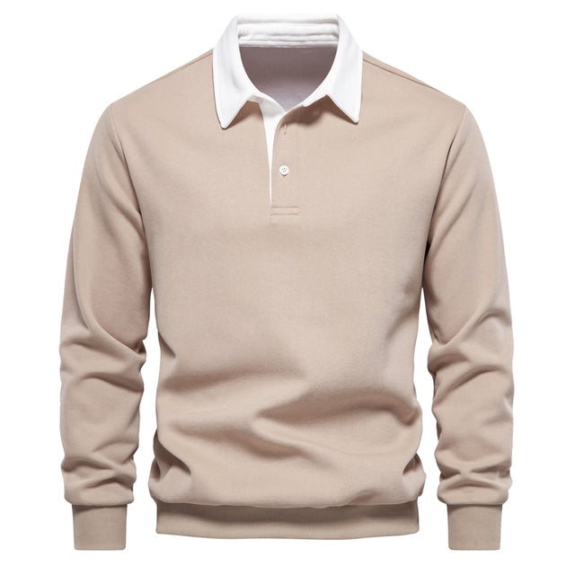 Polo de hombre versátil, manga larga, cuello contraste, cómodo y sofisticado, perfecto para el armario masculino.