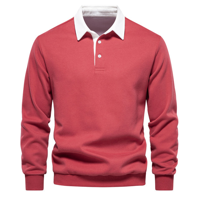 Ropa de otoño: polo de manga larga para hombre, cuello contraste, que combina estilo casual y elegancia.