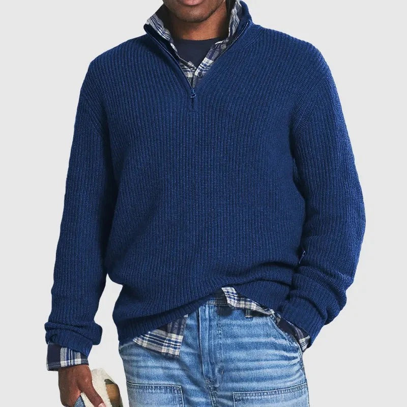 Jersey de hombre elegante con media cremallera, ideal para moda masculina casual y sofisticada de otoño-invierno.