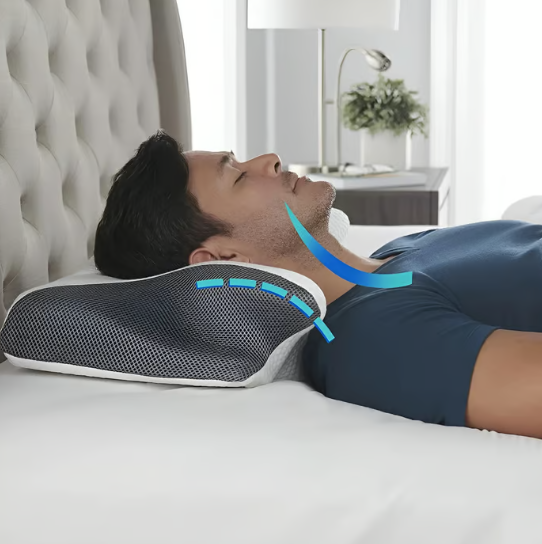 Almohada viscoelástica de contorno, diseñada para el soporte y descanso del cuello y la espalda. Ergonómica.