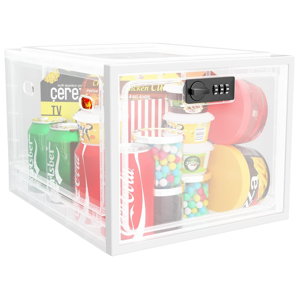 Contenedor de almacenamiento seguro para alimentos en el refrigerador con cerradura de seguridad.