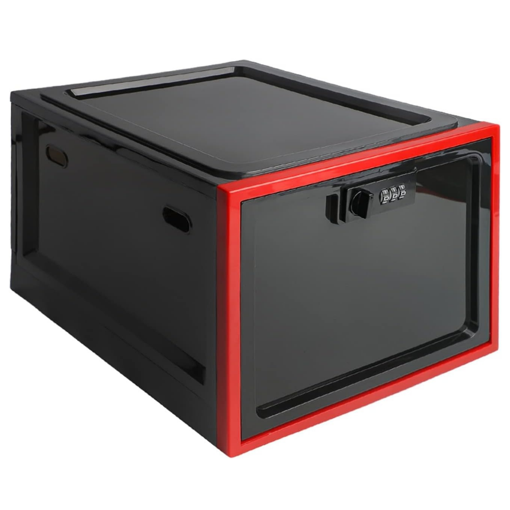 Contenedor transparente con cerradura para refrigerador, ideal para organizar y proteger tus pertenencias.