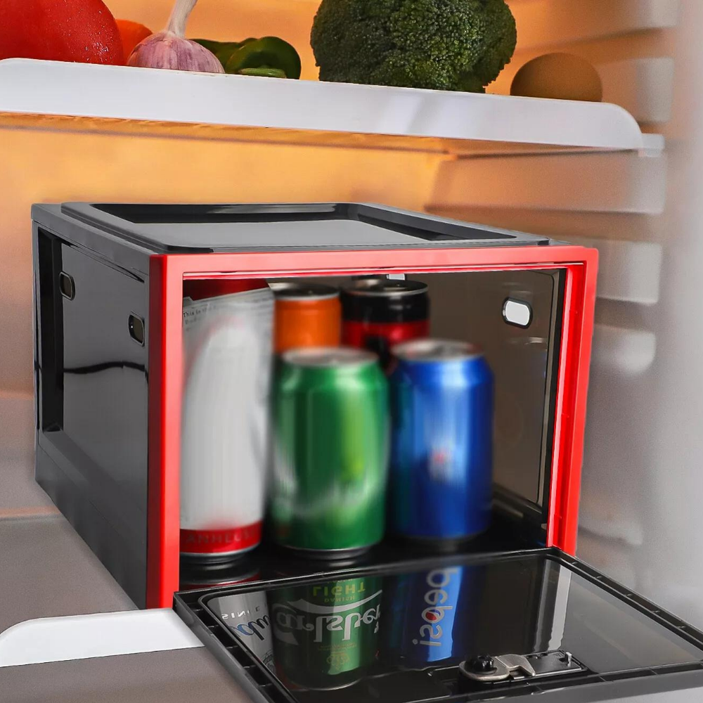 Contenedor de seguridad para refrigerador con cerradura, organiza y protege tus alimentos y artículos personales.