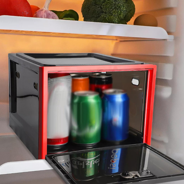 Contenedor de seguridad para refrigerador con cerradura, organiza y protege tus alimentos y artículos personales.