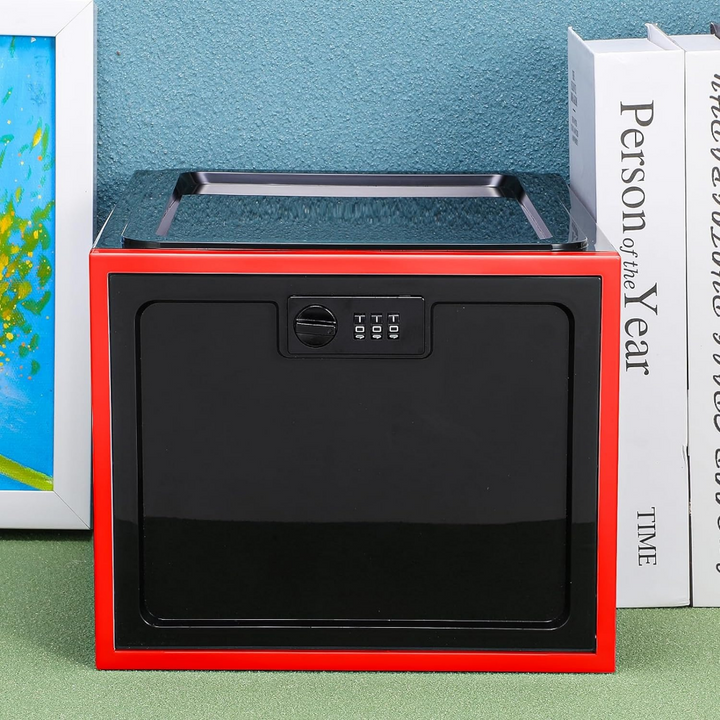 Caja organizadora con cerradura para medicamentos en refrigerador, controlando el acceso y la privacidad.