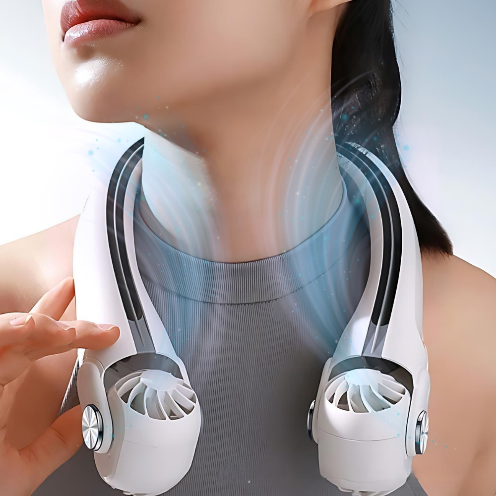 Ventilador de cuello portátil recargable blanco, ideal para verano y viajes, proporciona frescura sin aspas.