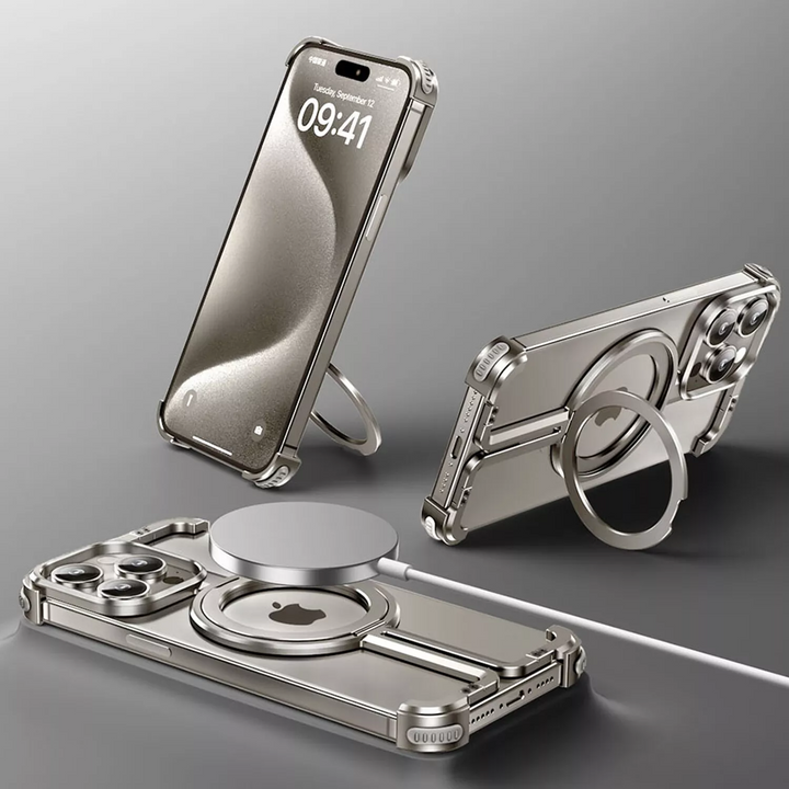 Funda negra ultrafina para iPhone con anillo MagSafe visible. Protección sin bordes, diseño minimalista.