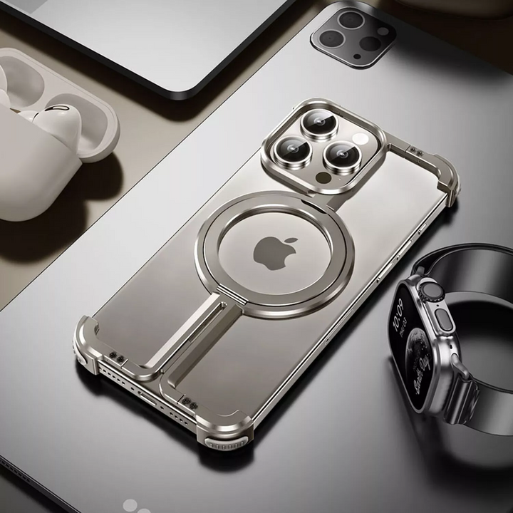 Funda protectora sin bordes para iPhone, diseño delgado negro. Compatible MagSafe para sujeción segura.