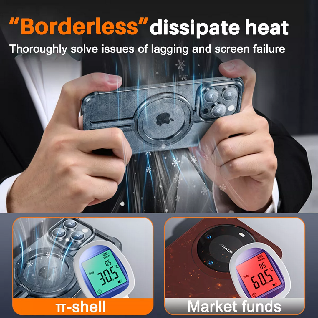 Detalle de funda delgada negra para iPhone, sin bordes. Protector MagSafe de titanio, resistente a golpes.