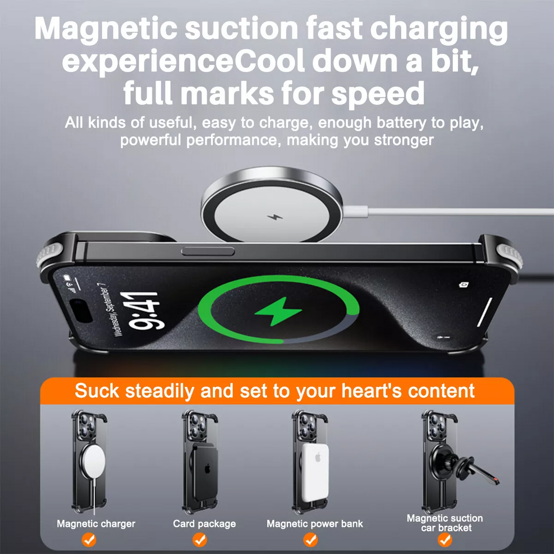 Funda de titanio negro para iPhone, delgada y compatible con MagSafe. Protección sin bordes y duradera.