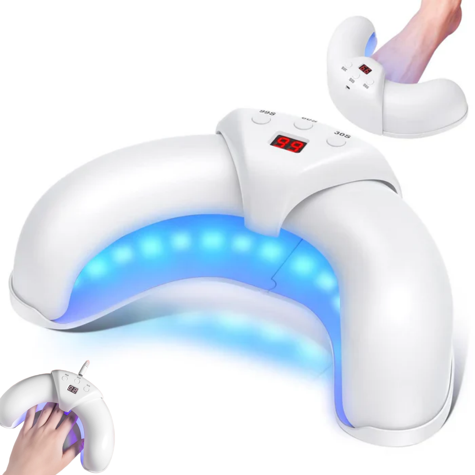 Dispositivo láser dual para uñas, vista de cerca, diseño ergonómico.
