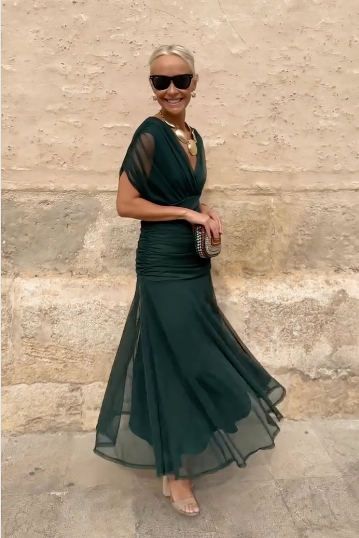 Vestido casual chic maxi para mujer, escote V, perfecto para el día a día o eventos.
