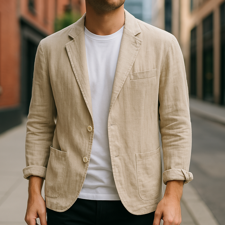 Blazer entallado de hombre en outfit casual. Elegancia moderna, chaqueta fresca para verano, estilo de ropa masculina.