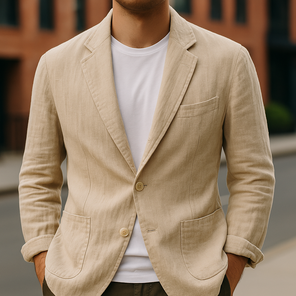 Blazer entallado para hombre, corte moderno y casual elegante. Ideal para primavera y verano, ropa masculina fresca.