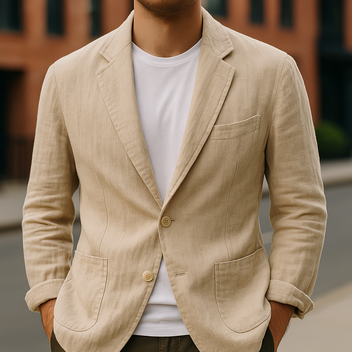 Blazer entallado para hombre, corte moderno y casual elegante. Ideal para primavera y verano, ropa masculina fresca.
