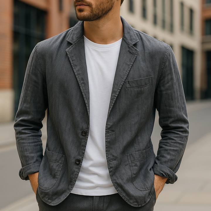 Perfil lateral de blazer entallado para hombre. Corte moderno y estilo casual elegante, ropa fresca para primavera.