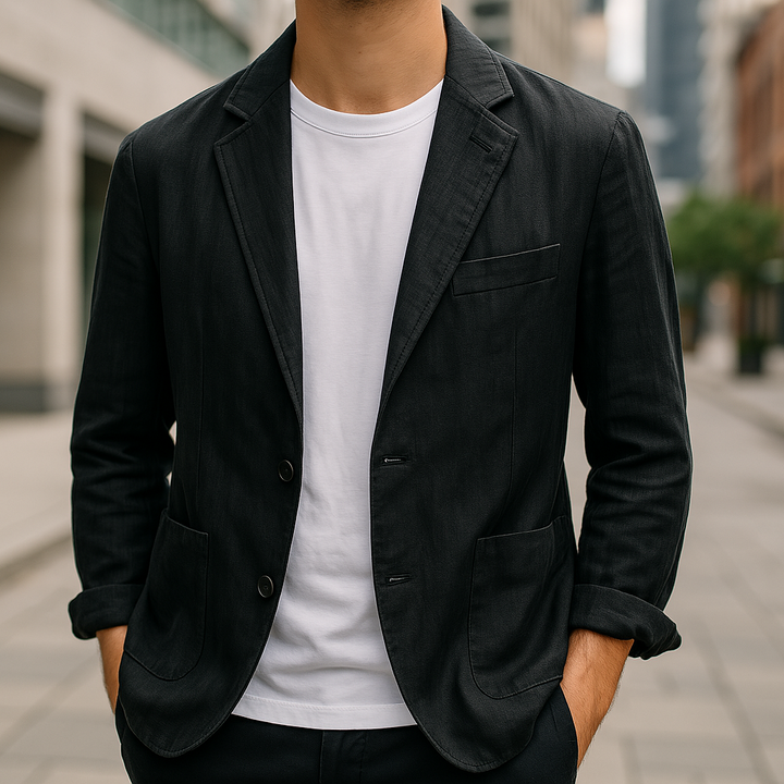 Hombre vistiendo blazer entallado, look fresco y moderno. Chaqueta casual ideal para primavera, elegancia masculina.