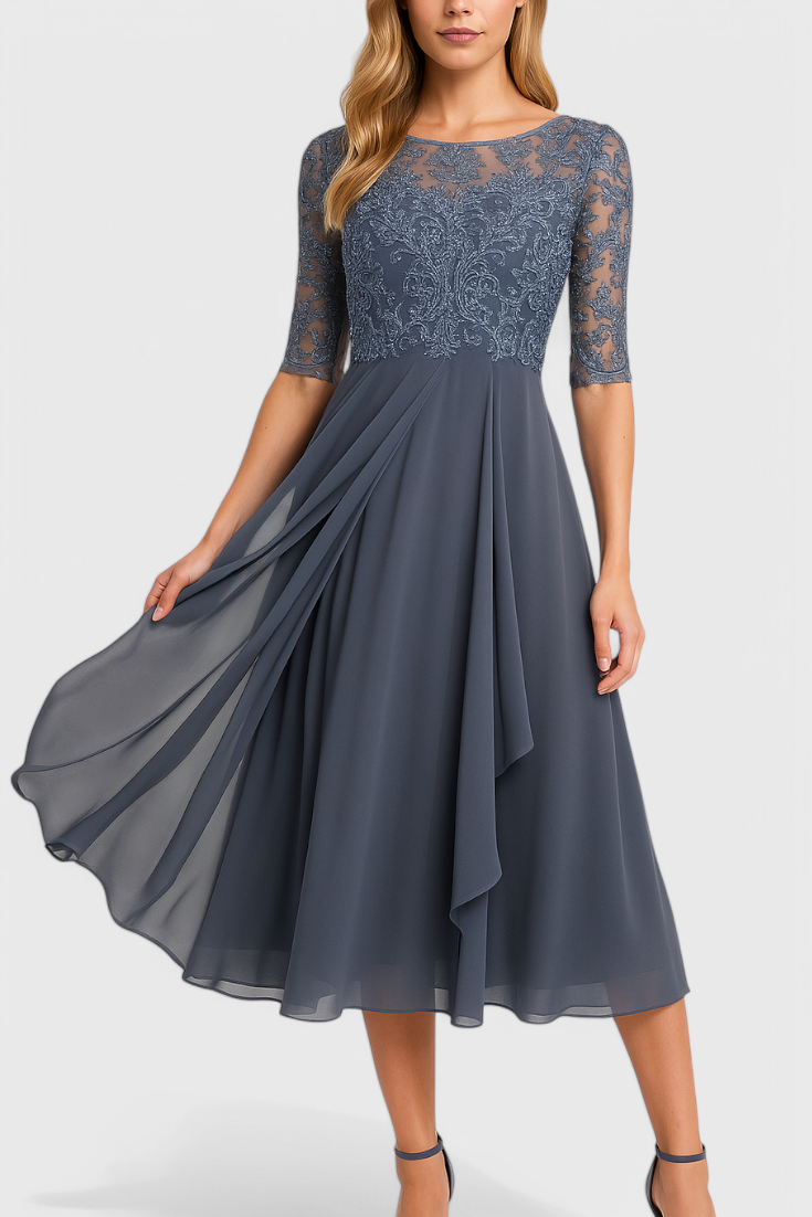 Vestido midi elegante para mujer con bordado floral y cuello ilusorio, ideal para fiesta o boda.