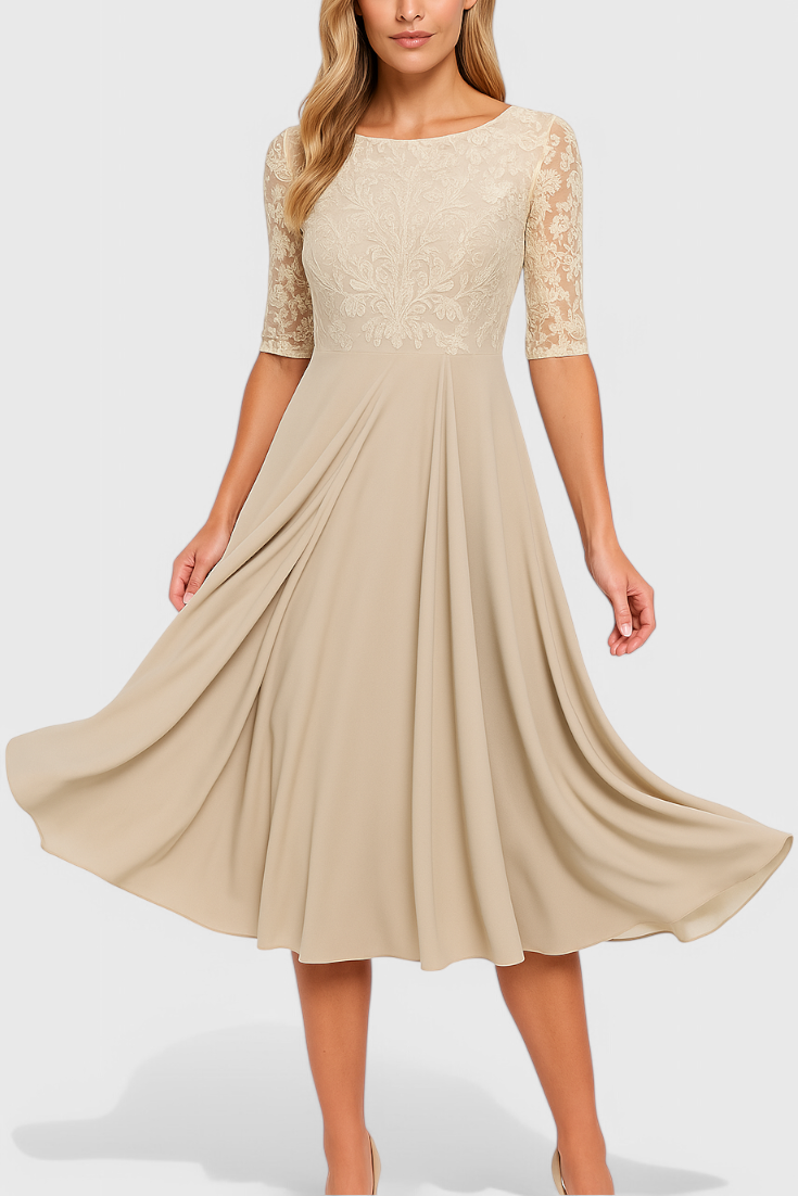 Vestido midi dorado elegante con bordado floral. Diseño sofisticado para damas y madre de la novia.