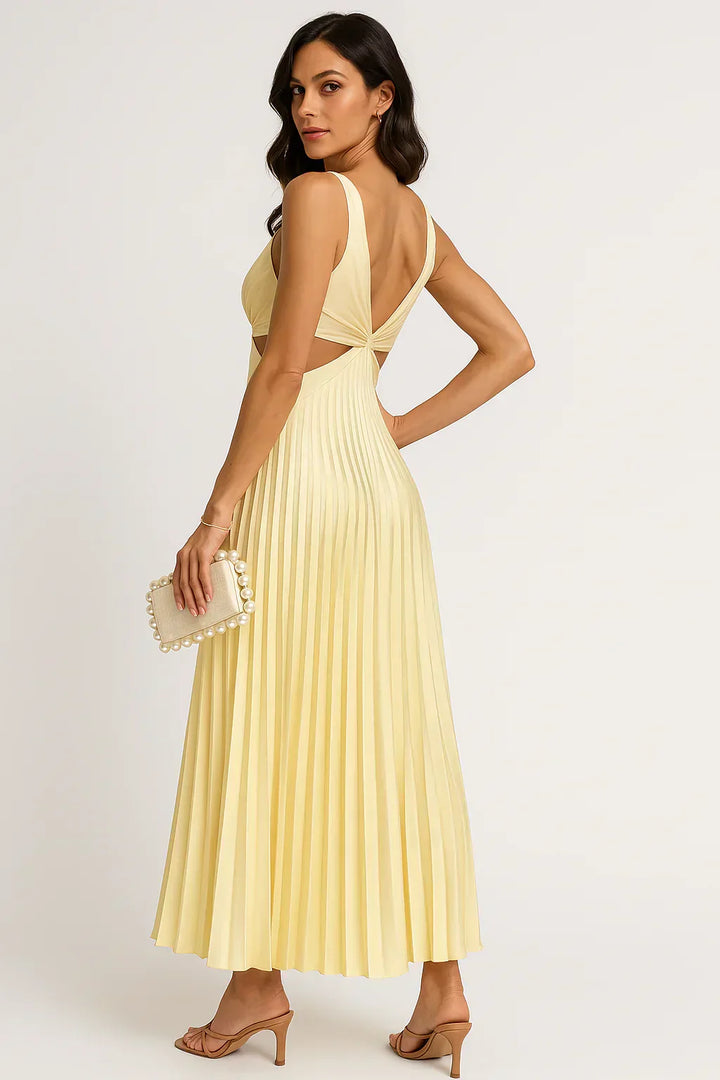 Elegante vestido midi sin mangas, ideal para ocasiones casuales o formales. Moda femenina.