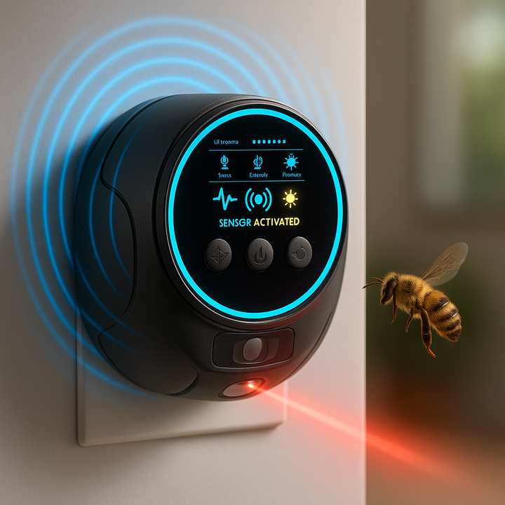 Repelente ultrasónico Abejas y Avispas en su caja, listo para una protección 360° sin químicos.