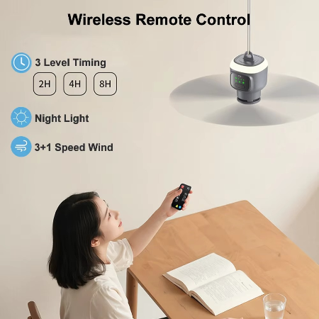 Ventilador de techo recargable con luz LED para disfrutar del verano al aire libre. Fresco y comodidad en patios y terrazas.