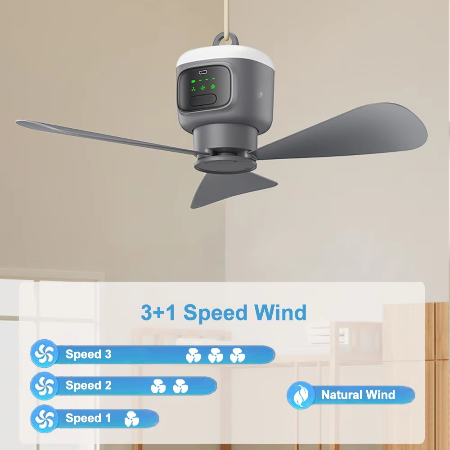 Ventilador portátil de techo recargable con luz LED, perfecto para camping, tiendas de campaña y aventuras al aire libre.