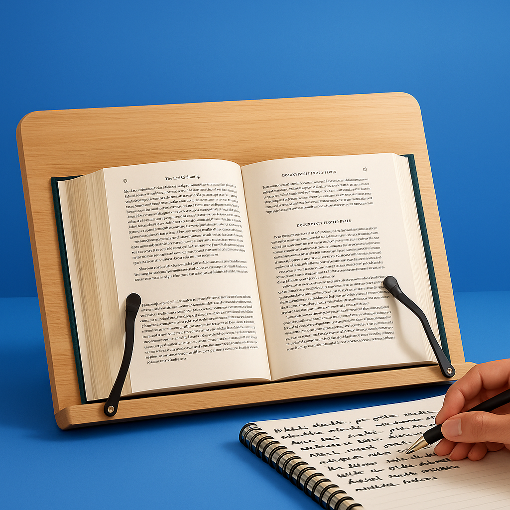 Soporte ajustable plegable para libros y tablets. Ideal para lectura sin manos en oficina o estudio.