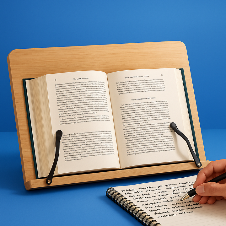 Soporte ajustable plegable para libros y tablets. Ideal para lectura sin manos en oficina o estudio.