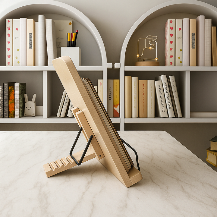 Atril de madera ergonómico y ajustable para libros y tablets. Perfecto para cocina y estudio.