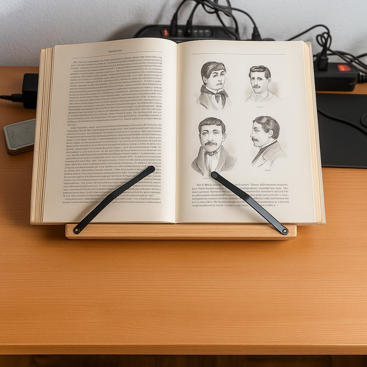 Atril de estudio plegable y compacto, sostiene libros y documentos para una lectura cómoda sin manos.