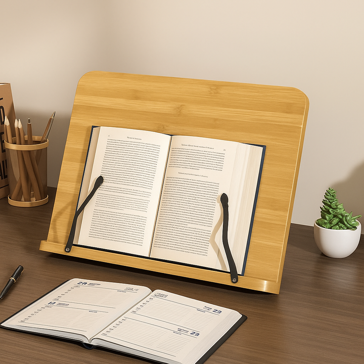 Atril de lectura ajustable para libros grandes y tablets. Mejora la ergonomía en la oficina y estudio.