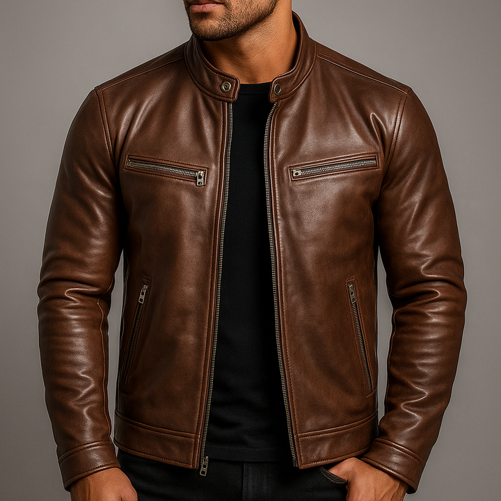 Hombre con chaqueta vintage casual, estilo urbano atemporal. Ofrece comodidad y protección en primavera.