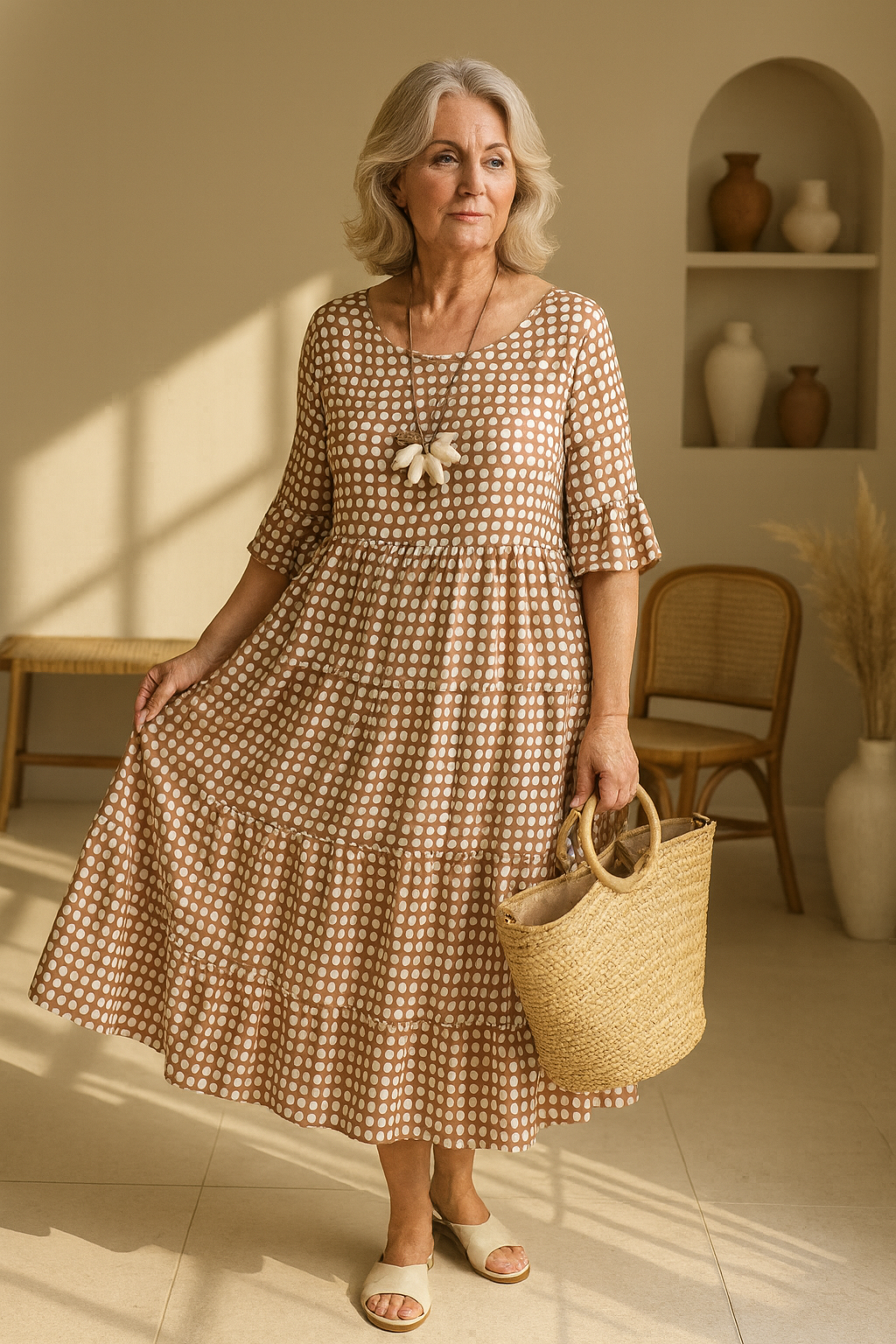 Vestido midi de lunares para mujer. Diseño elegante y fluido, ideal para verano y ocasiones casuales.