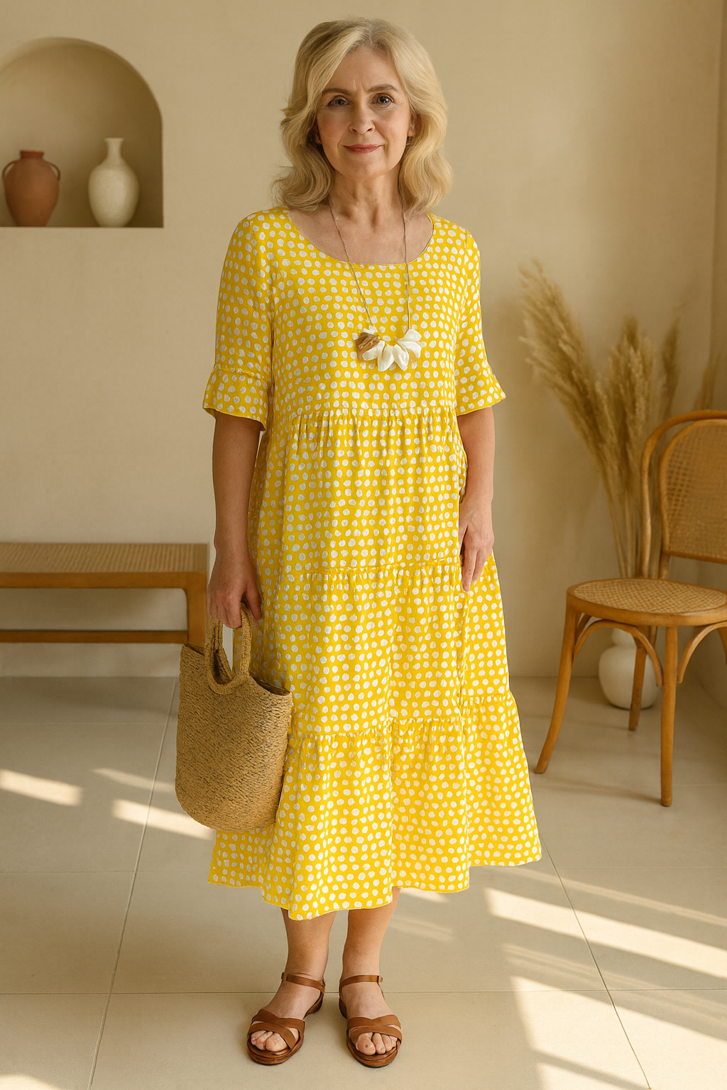 Versátil vestido midi de lunares para mujer. Estilo fluido y elegante, perfecto para el verano.