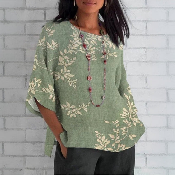 Blusa mujer elegante estilo vintage, con estampado de hojas verdes. Fresca y transpirable para primavera/verano.