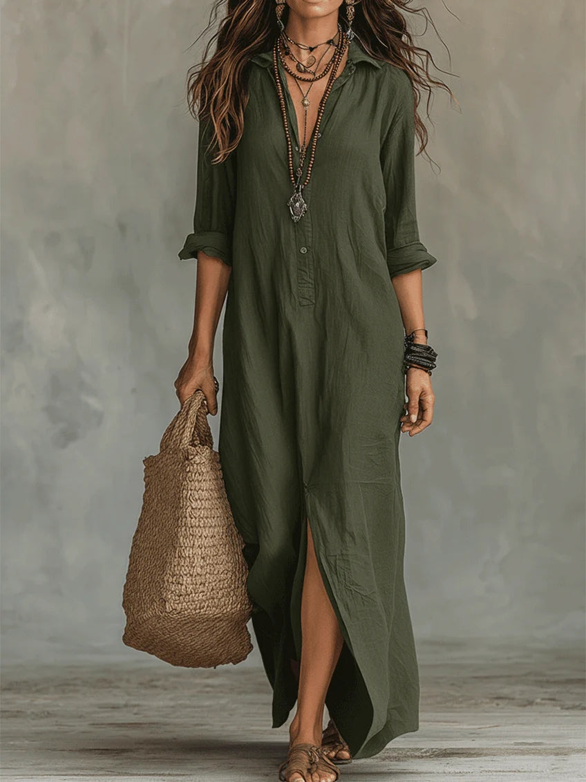 Vestido camisero maxi para mujer, de corte fluido. Estilo casual chic con botones, ideal para el día a día.
