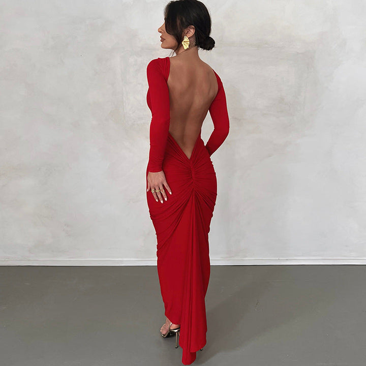 Vestido sofisticado de primavera para mujer, con manga larga y escote en la espalda, perfecto para eventos.